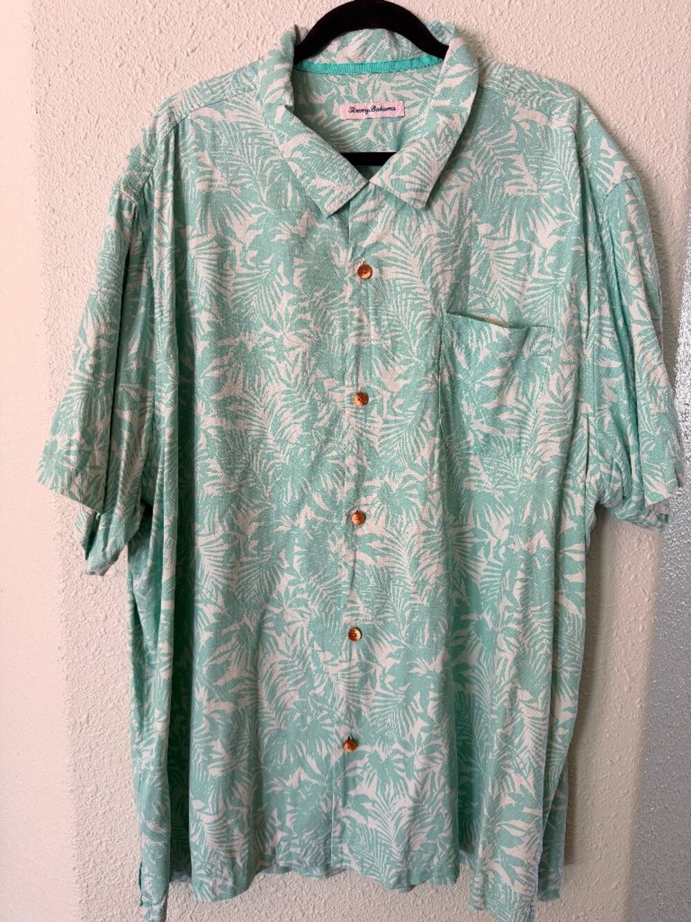 Tommy Bahama 100% Silk Tropical Leaf Button Down Shirt Teal Cream 3XL XXXL
